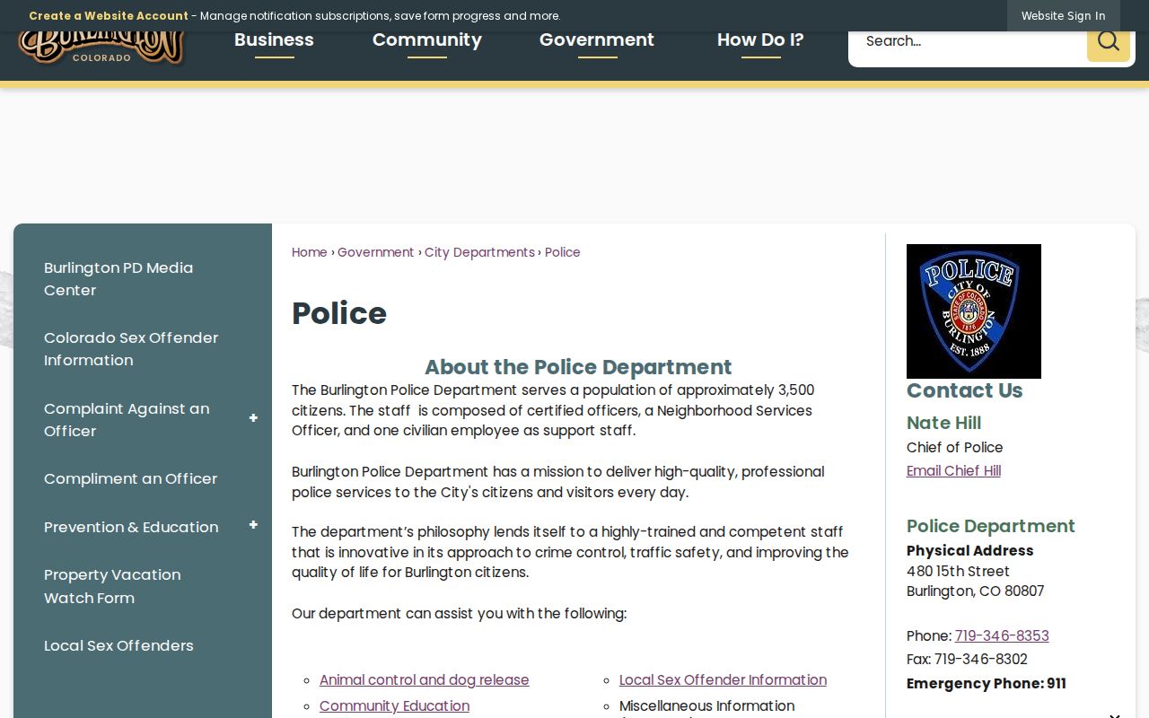 Burlington warrant records police contact and services page in Kit Carson County