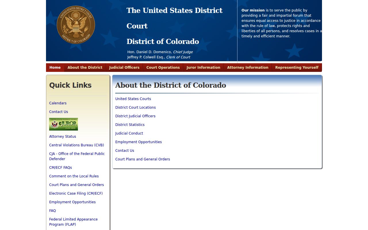 U.S. District Court for Colorado page illustrating the separate federal court system