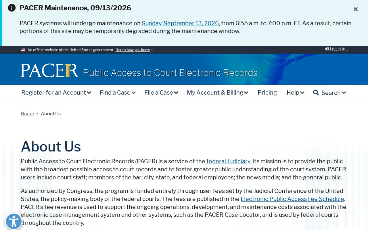 Official PACER page showing the separate federal court record system