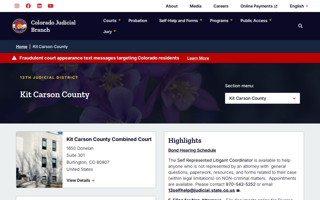 Official Kit Carson County Combined Court location page