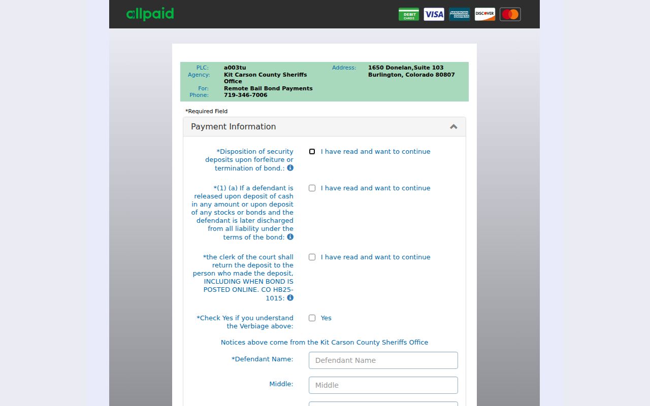 Kit Carson County remote bond payment form fields